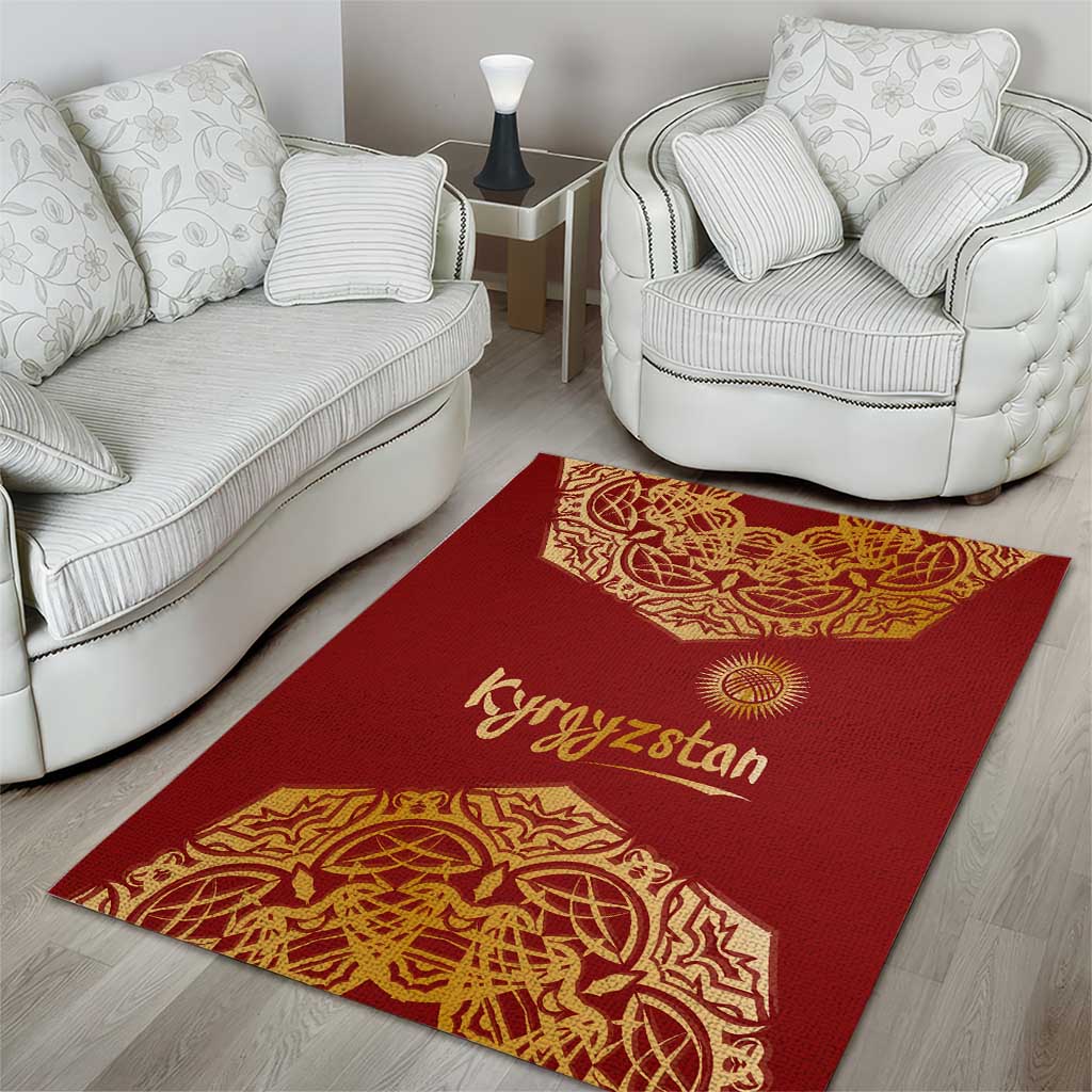 Kyrgyzstan National Symbol Area Rug Traditional Golden Pattern in Red and Gold