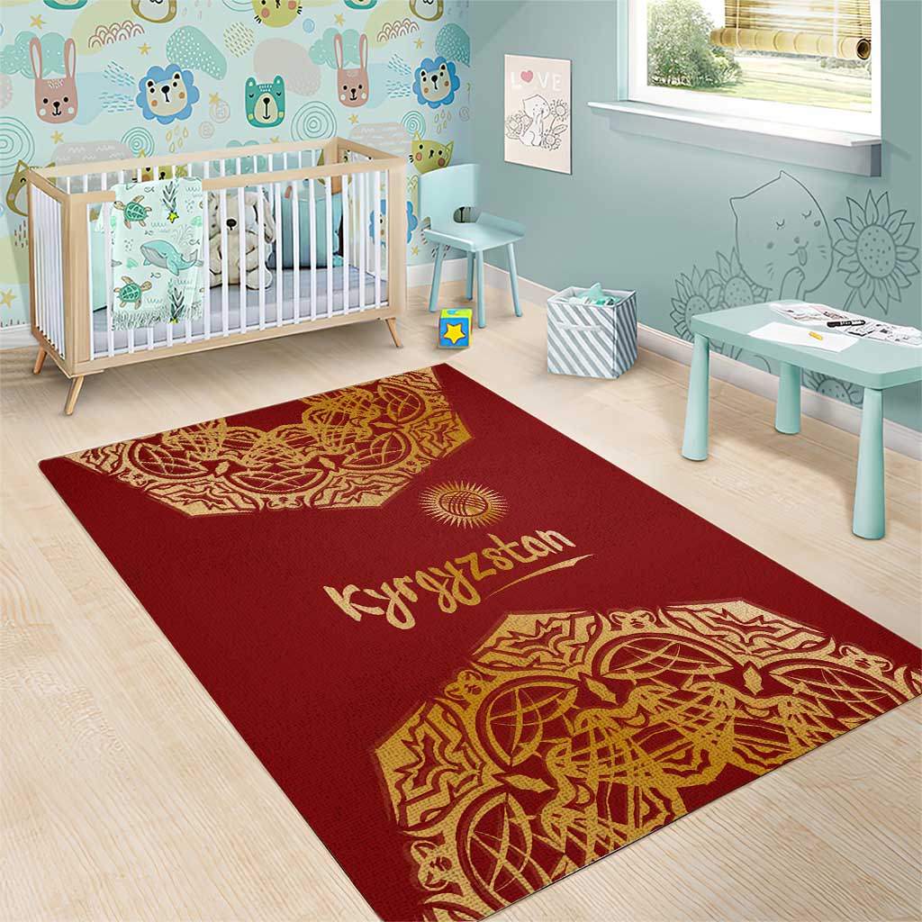 Kyrgyzstan National Symbol Area Rug Traditional Golden Pattern in Red and Gold