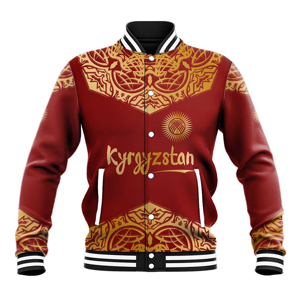 Kyrgyzstan National Symbol Baseball Jacket Traditional Golden Pattern in Red and Gold