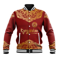 Kyrgyzstan National Symbol Baseball Jacket Traditional Golden Pattern in Red and Gold