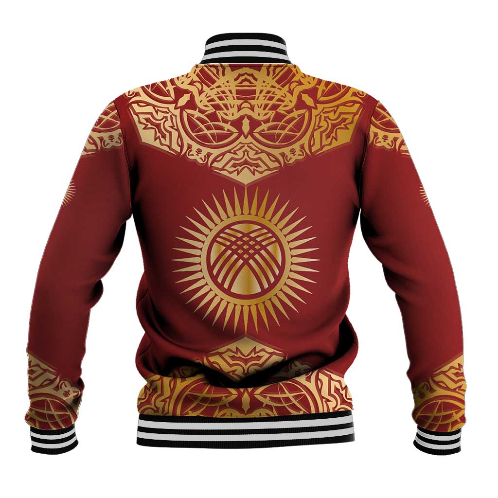 Kyrgyzstan National Symbol Baseball Jacket Traditional Golden Pattern in Red and Gold