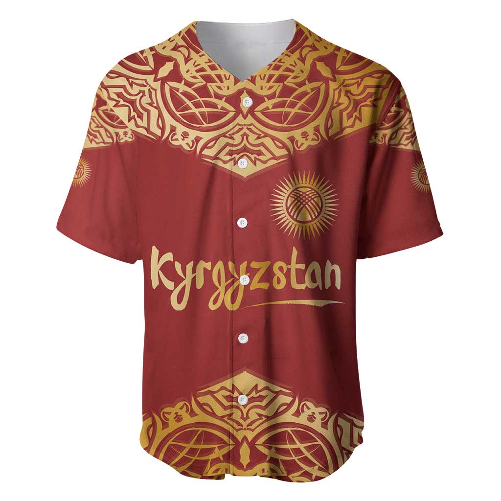 Kyrgyzstan National Symbol Baseball Jersey Traditional Golden Pattern in Red and Gold