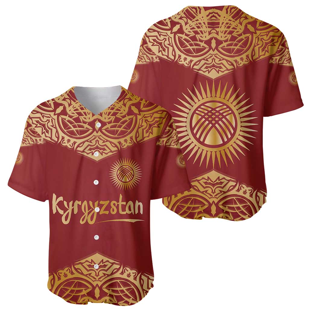 Kyrgyzstan National Symbol Baseball Jersey Traditional Golden Pattern in Red and Gold