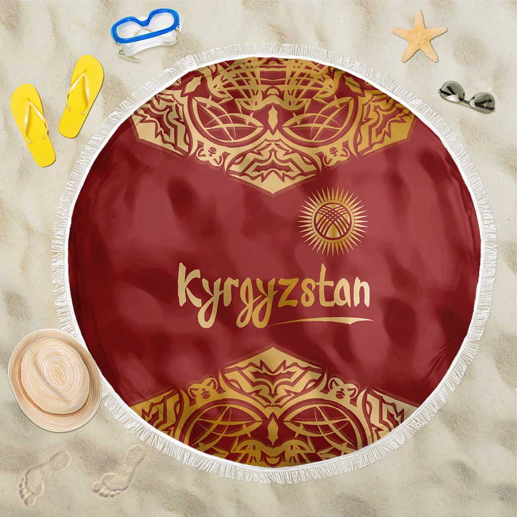Kyrgyzstan National Symbol Beach Blanket Traditional Golden Pattern in Red and Gold