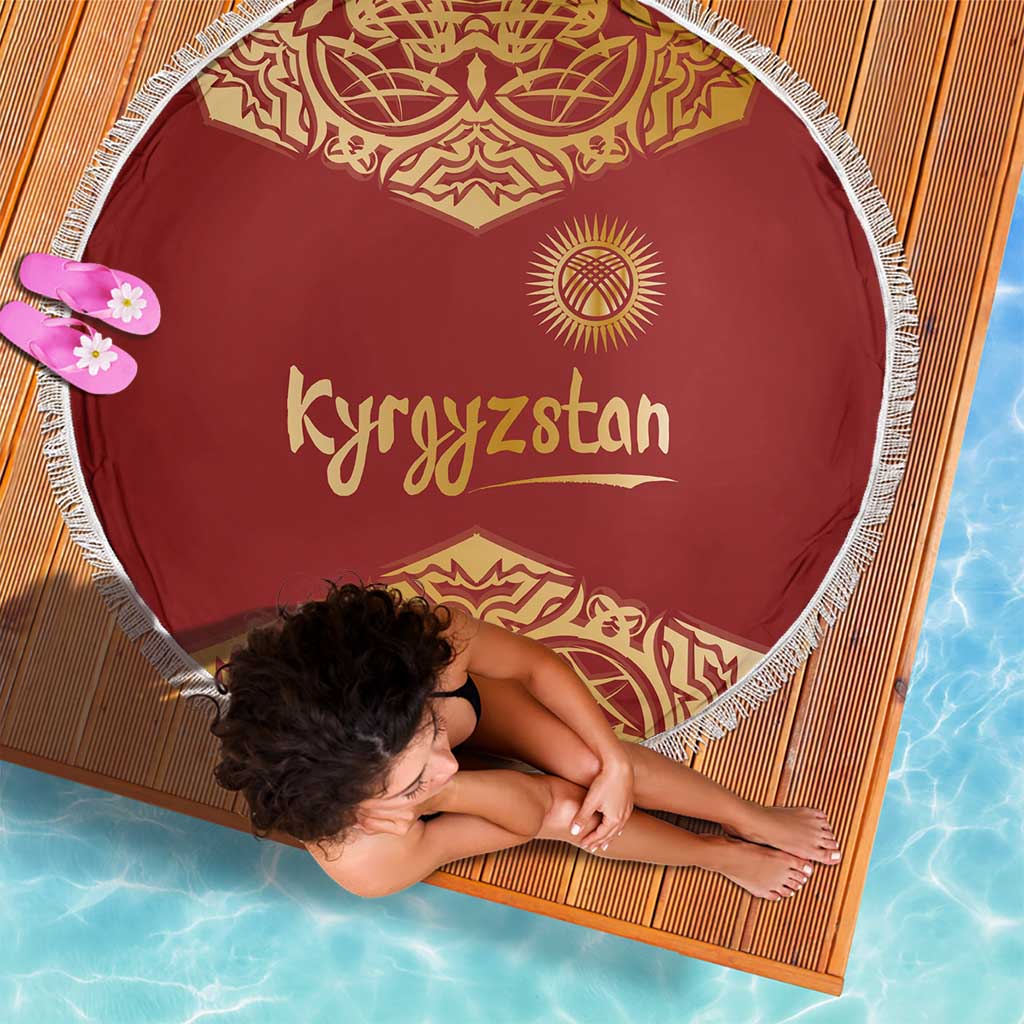 Kyrgyzstan National Symbol Beach Blanket Traditional Golden Pattern in Red and Gold