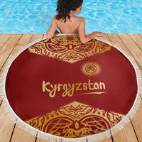 Kyrgyzstan National Symbol Beach Blanket Traditional Golden Pattern in Red and Gold