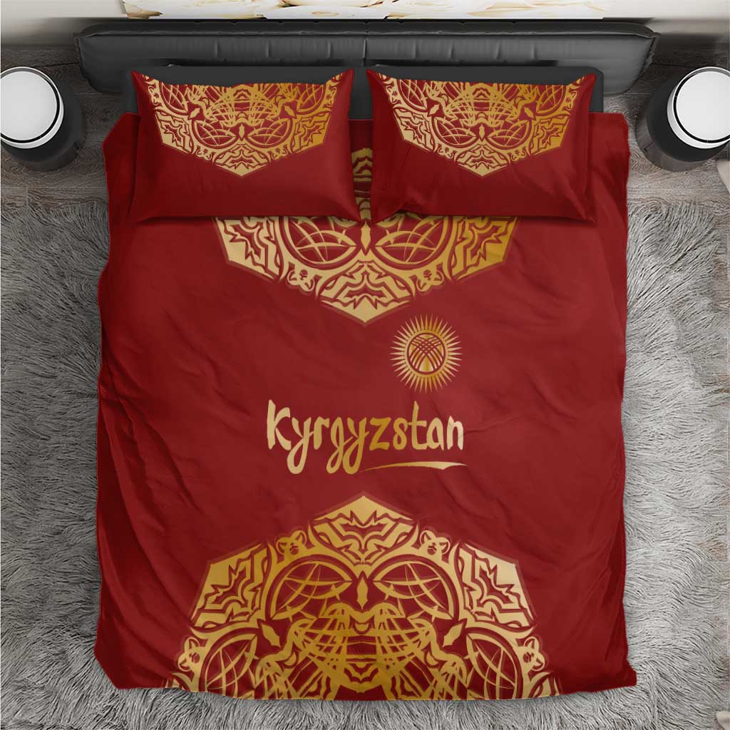 Kyrgyzstan National Symbol Bedding Set Traditional Golden Pattern in Red and Gold
