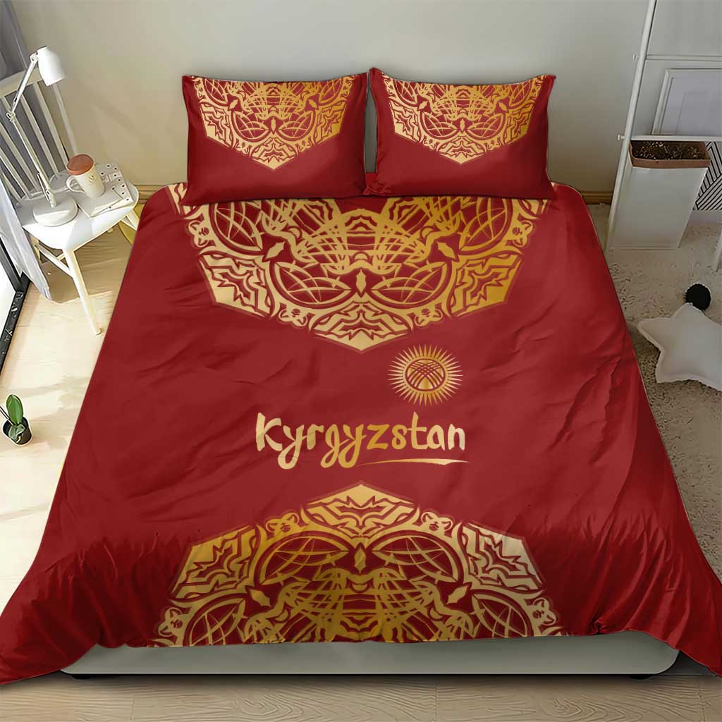 Kyrgyzstan National Symbol Bedding Set Traditional Golden Pattern in Red and Gold