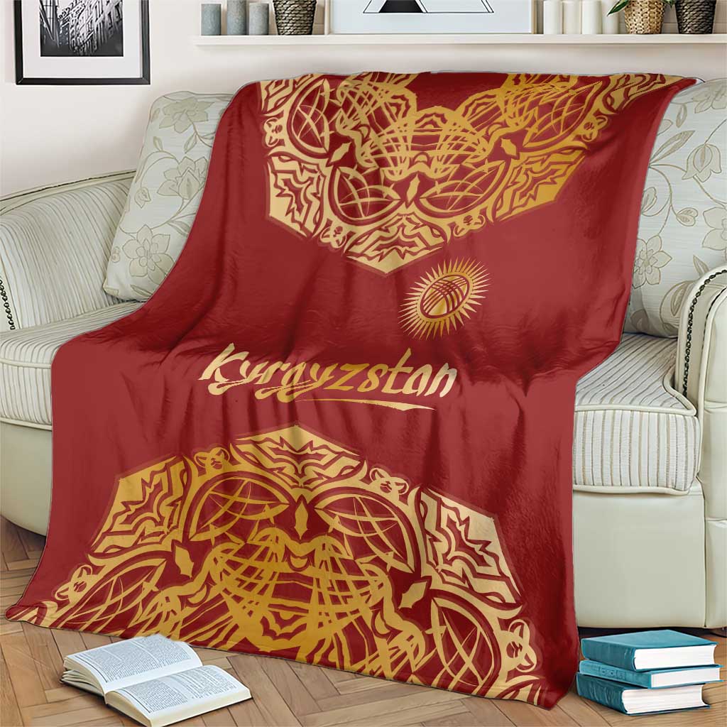 Kyrgyzstan National Symbol Blanket Traditional Golden Pattern in Red and Gold