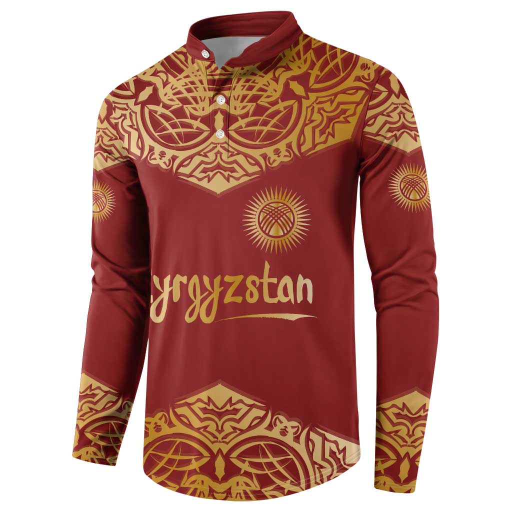 Kyrgyzstan National Symbol Button Sweatshirt Traditional Golden Pattern in Red and Gold