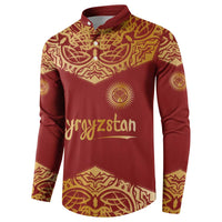 Kyrgyzstan National Symbol Button Sweatshirt Traditional Golden Pattern in Red and Gold