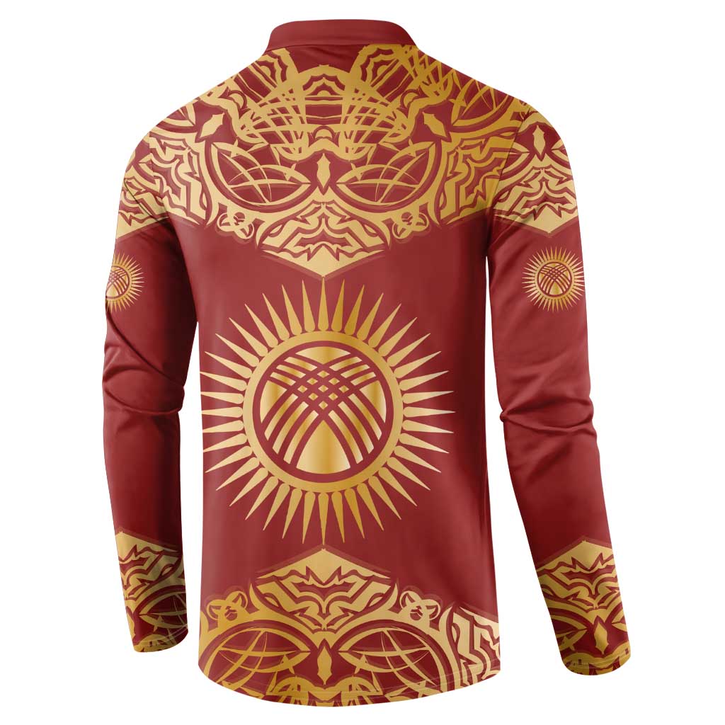 Kyrgyzstan National Symbol Button Sweatshirt Traditional Golden Pattern in Red and Gold