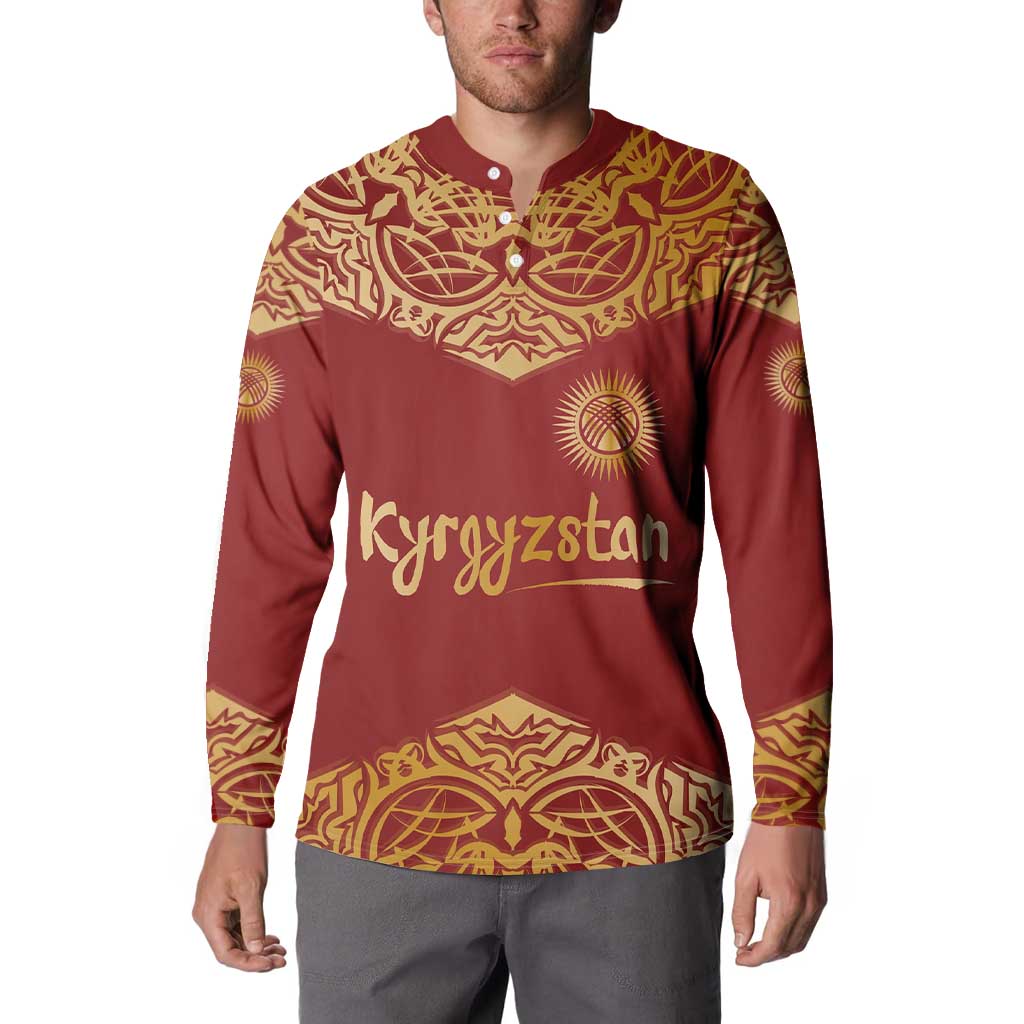 Kyrgyzstan National Symbol Button Sweatshirt Traditional Golden Pattern in Red and Gold