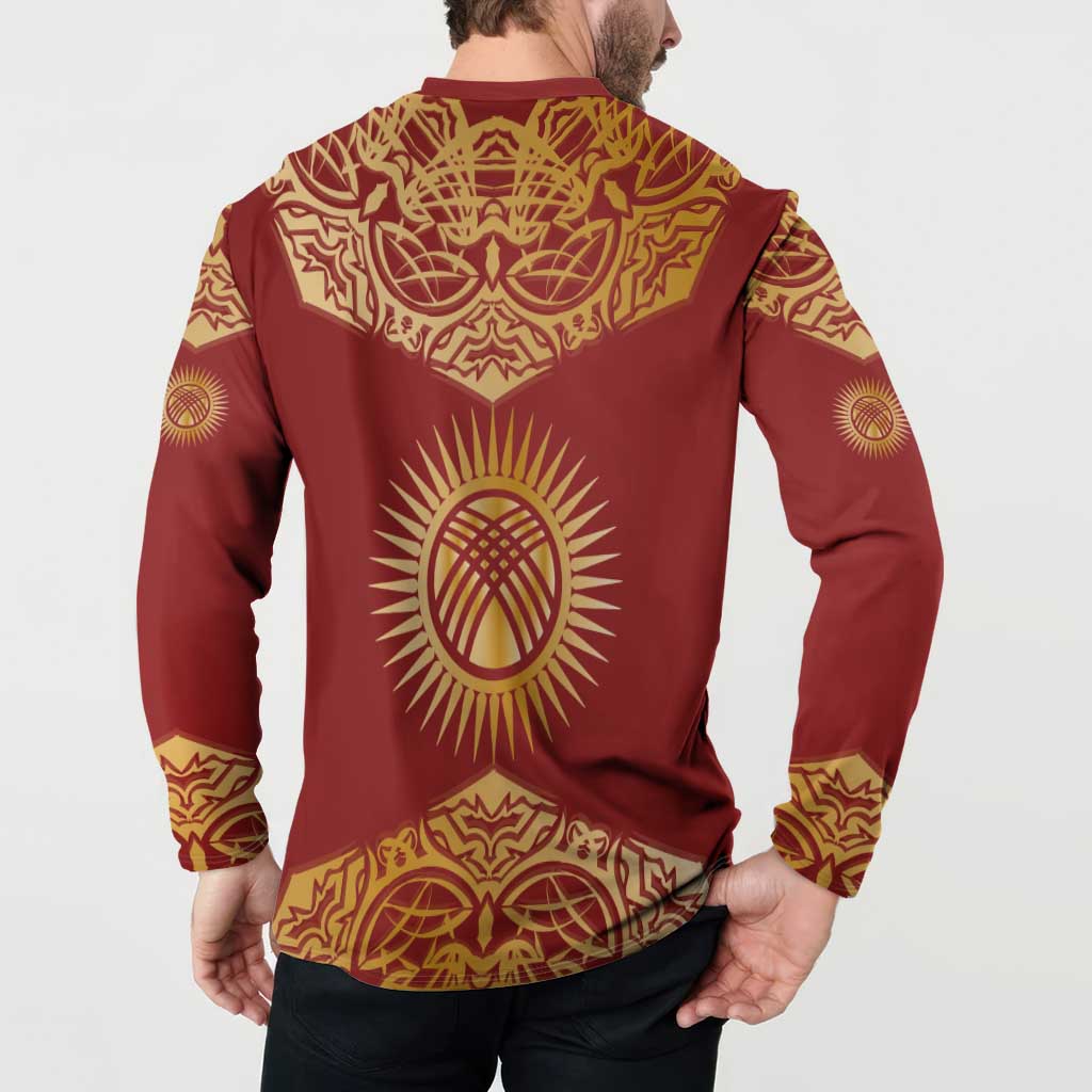 Kyrgyzstan National Symbol Button Sweatshirt Traditional Golden Pattern in Red and Gold