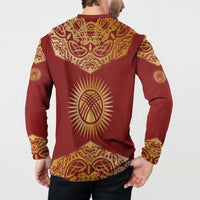 Kyrgyzstan National Symbol Button Sweatshirt Traditional Golden Pattern in Red and Gold