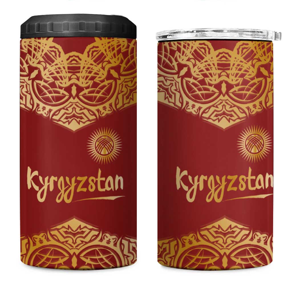 Kyrgyzstan National Symbol 4 in 1 Can Cooler Tumbler Traditional Golden Pattern in Red and Gold