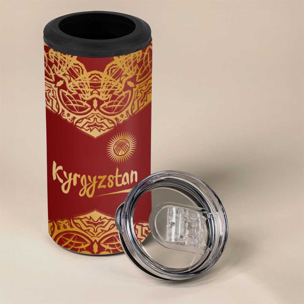 Kyrgyzstan National Symbol 4 in 1 Can Cooler Tumbler Traditional Golden Pattern in Red and Gold
