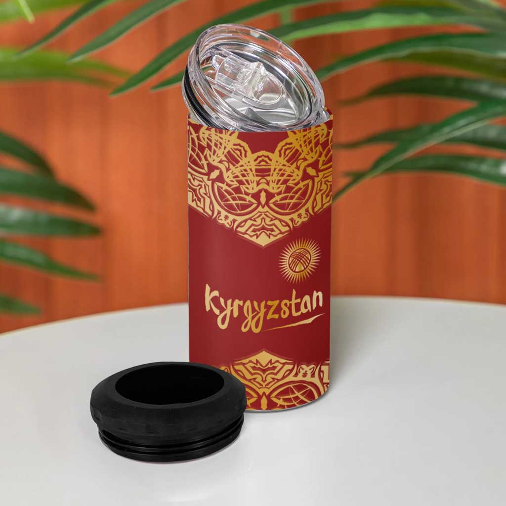 Kyrgyzstan National Symbol 4 in 1 Can Cooler Tumbler Traditional Golden Pattern in Red and Gold