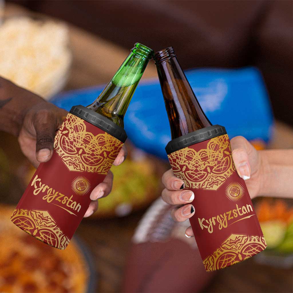 Kyrgyzstan National Symbol 4 in 1 Can Cooler Tumbler Traditional Golden Pattern in Red and Gold