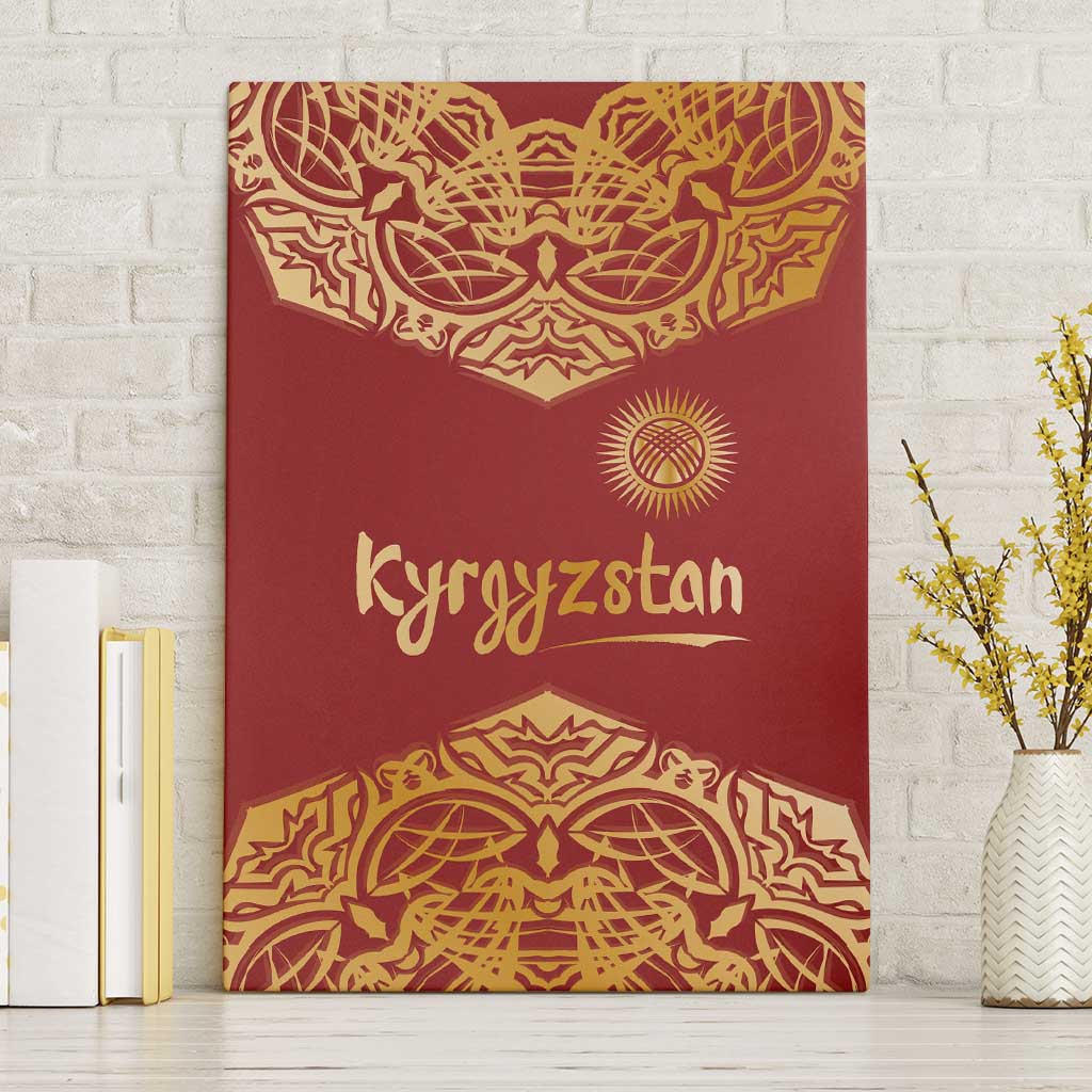 Kyrgyzstan National Symbol Canvas Wall Art Traditional Golden Pattern in Red and Gold