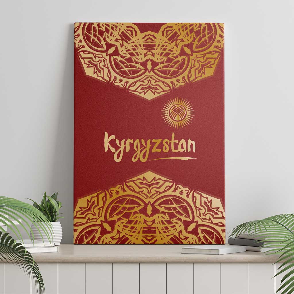 Kyrgyzstan National Symbol Canvas Wall Art Traditional Golden Pattern in Red and Gold