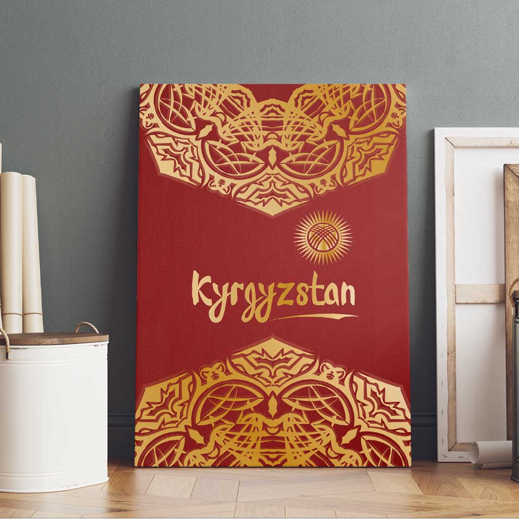 Kyrgyzstan National Symbol Canvas Wall Art Traditional Golden Pattern in Red and Gold