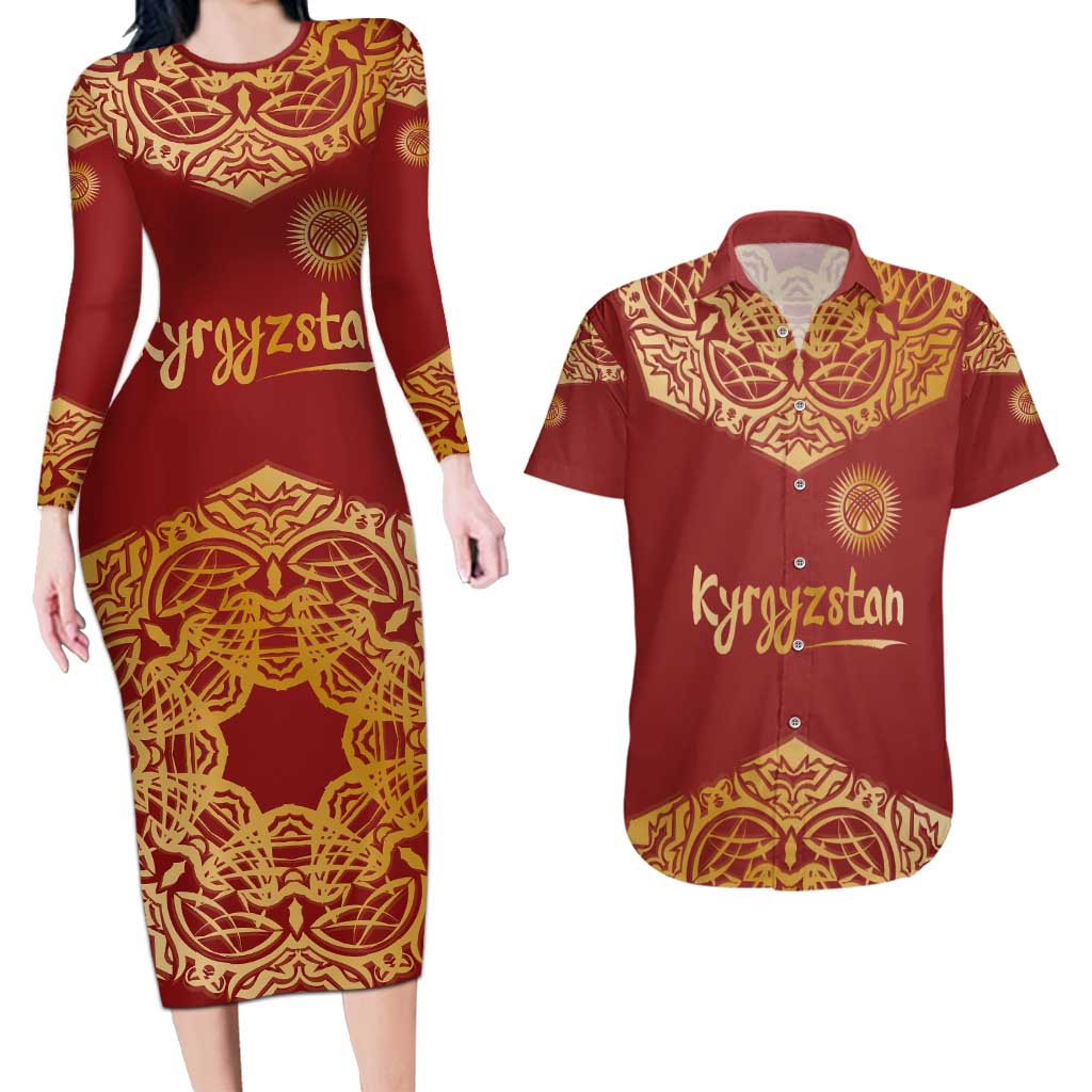 Kyrgyzstan National Symbol Couples Matching Long Sleeve Bodycon Dress and Hawaiian Shirt Traditional Golden Pattern in Red and Gold