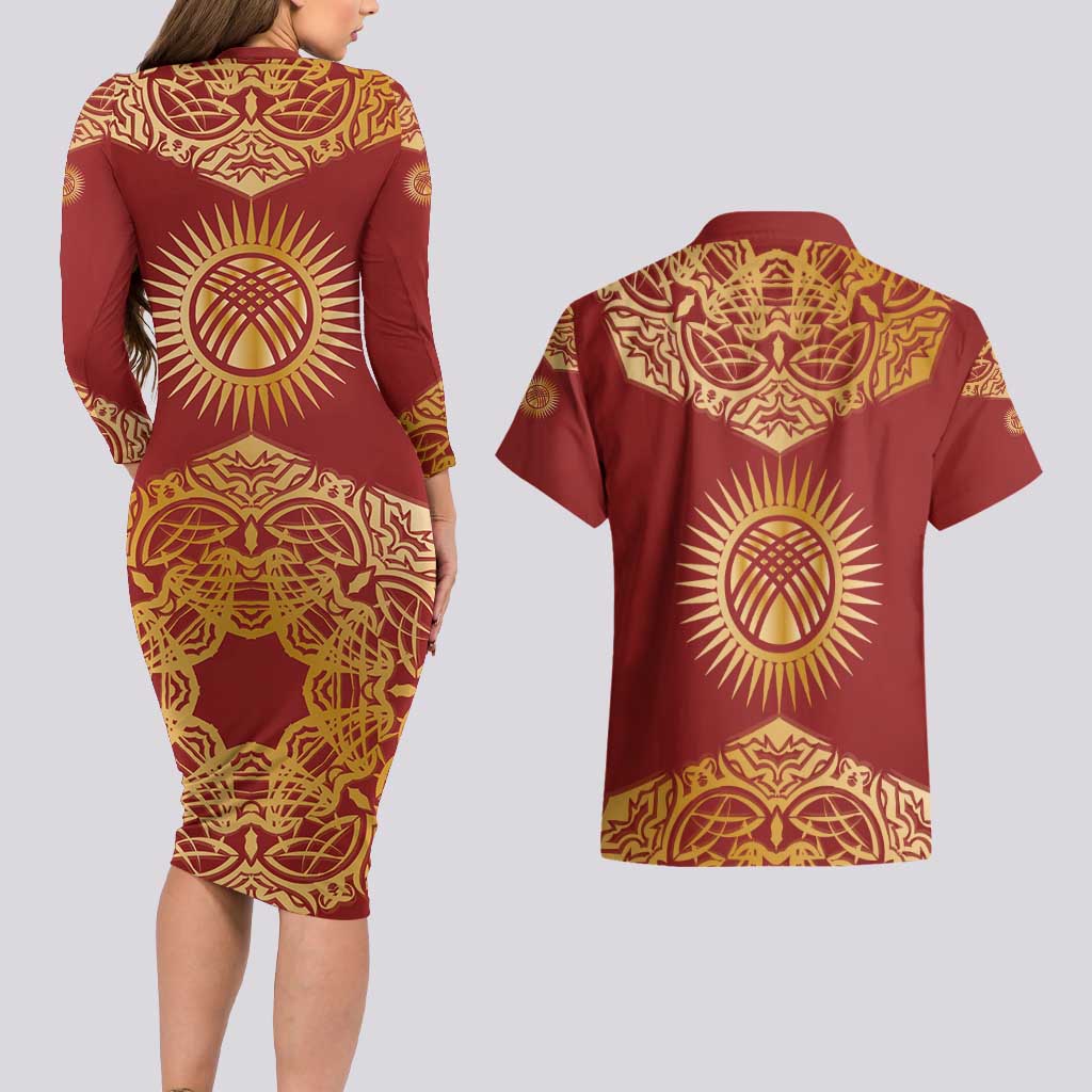 Kyrgyzstan National Symbol Couples Matching Long Sleeve Bodycon Dress and Hawaiian Shirt Traditional Golden Pattern in Red and Gold