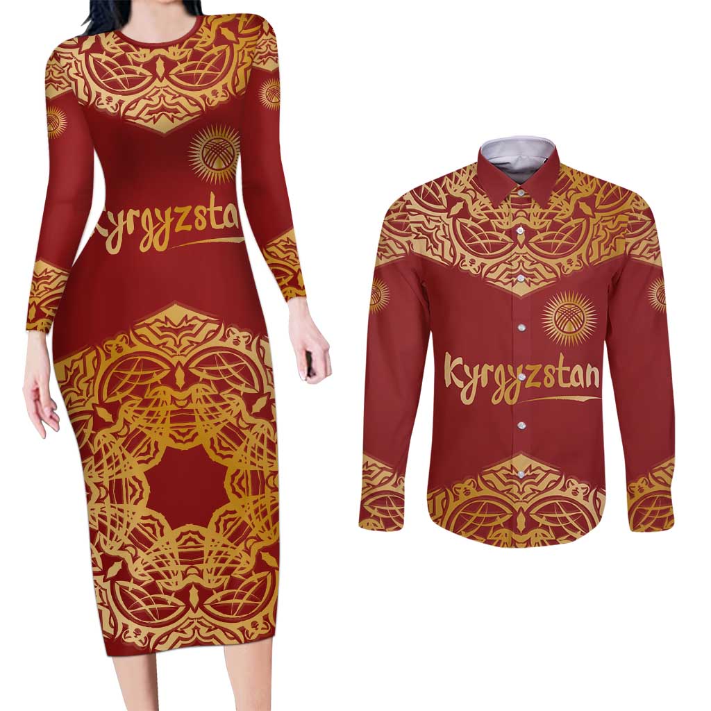Kyrgyzstan National Symbol Couples Matching Long Sleeve Bodycon Dress and Long Sleeve Button Shirt Traditional Golden Pattern in Red and Gold