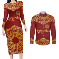 Kyrgyzstan National Symbol Couples Matching Long Sleeve Bodycon Dress and Long Sleeve Button Shirt Traditional Golden Pattern in Red and Gold