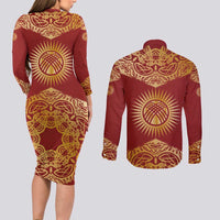 Kyrgyzstan National Symbol Couples Matching Long Sleeve Bodycon Dress and Long Sleeve Button Shirt Traditional Golden Pattern in Red and Gold