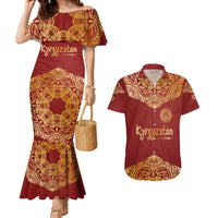Kyrgyzstan National Symbol Couples Matching Mermaid Dress and Hawaiian Shirt Traditional Golden Pattern in Red and Gold