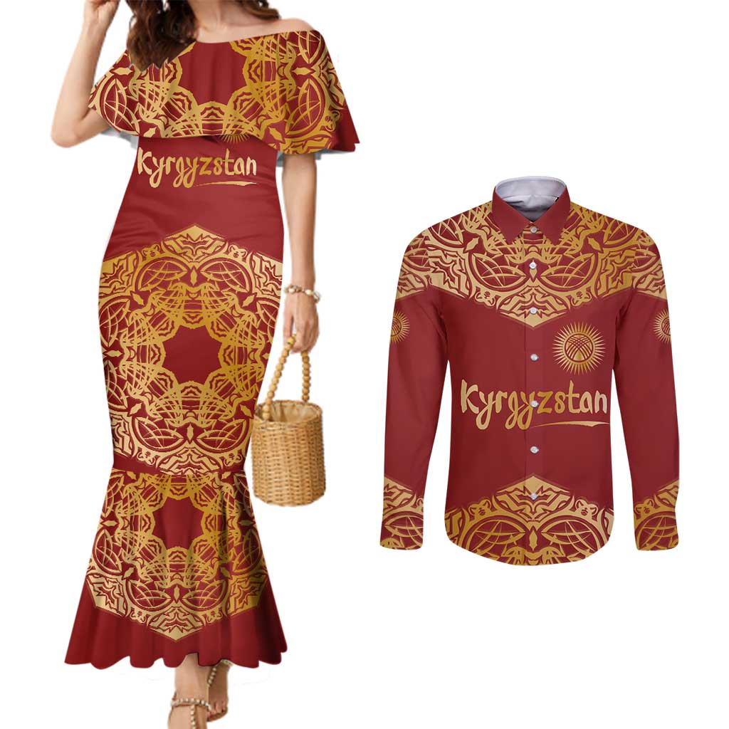 Kyrgyzstan National Symbol Couples Matching Mermaid Dress and Long Sleeve Button Shirt Traditional Golden Pattern in Red and Gold
