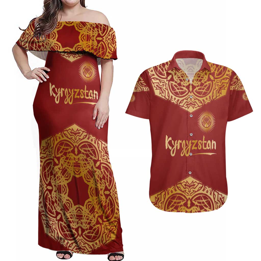 Kyrgyzstan National Symbol Couples Matching Off Shoulder Maxi Dress and Hawaiian Shirt Traditional Golden Pattern in Red and Gold