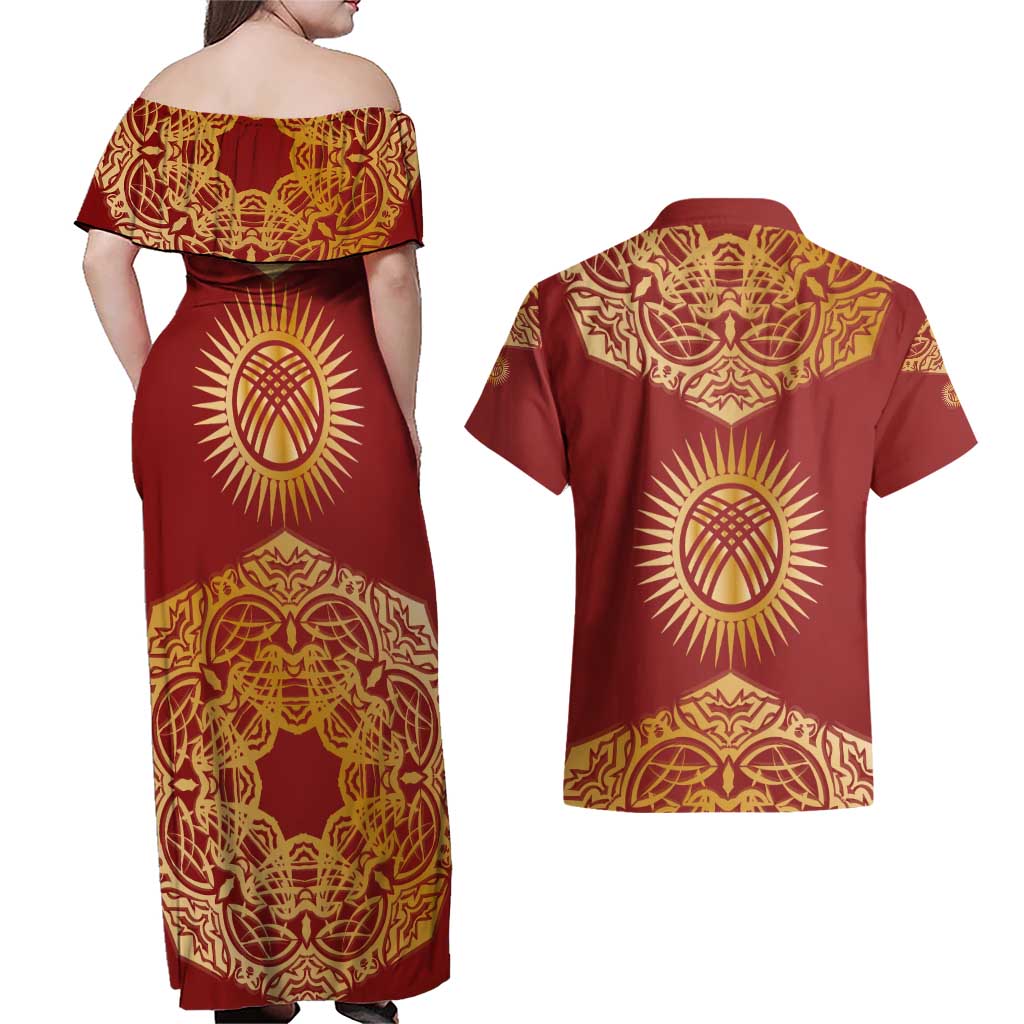 Kyrgyzstan National Symbol Couples Matching Off Shoulder Maxi Dress and Hawaiian Shirt Traditional Golden Pattern in Red and Gold