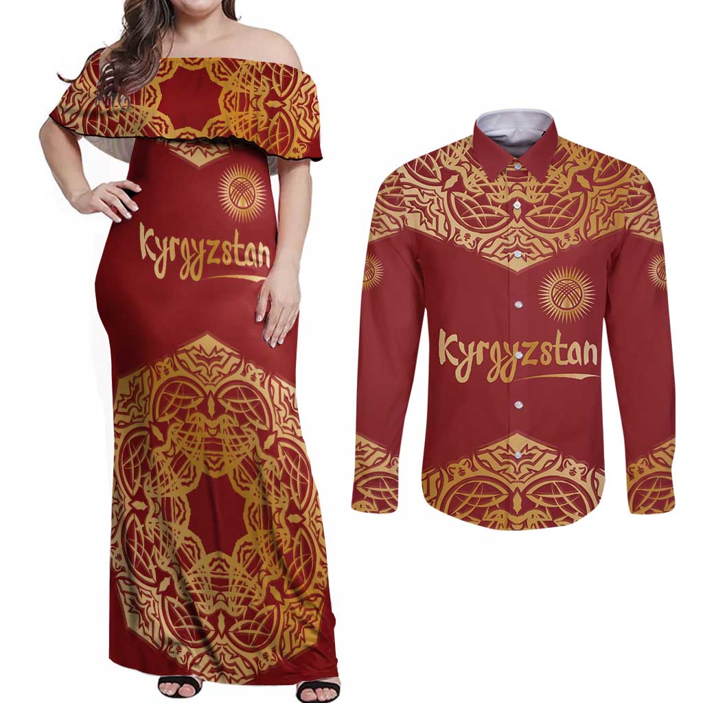 Kyrgyzstan National Symbol Couples Matching Off Shoulder Maxi Dress and Long Sleeve Button Shirt Traditional Golden Pattern in Red and Gold