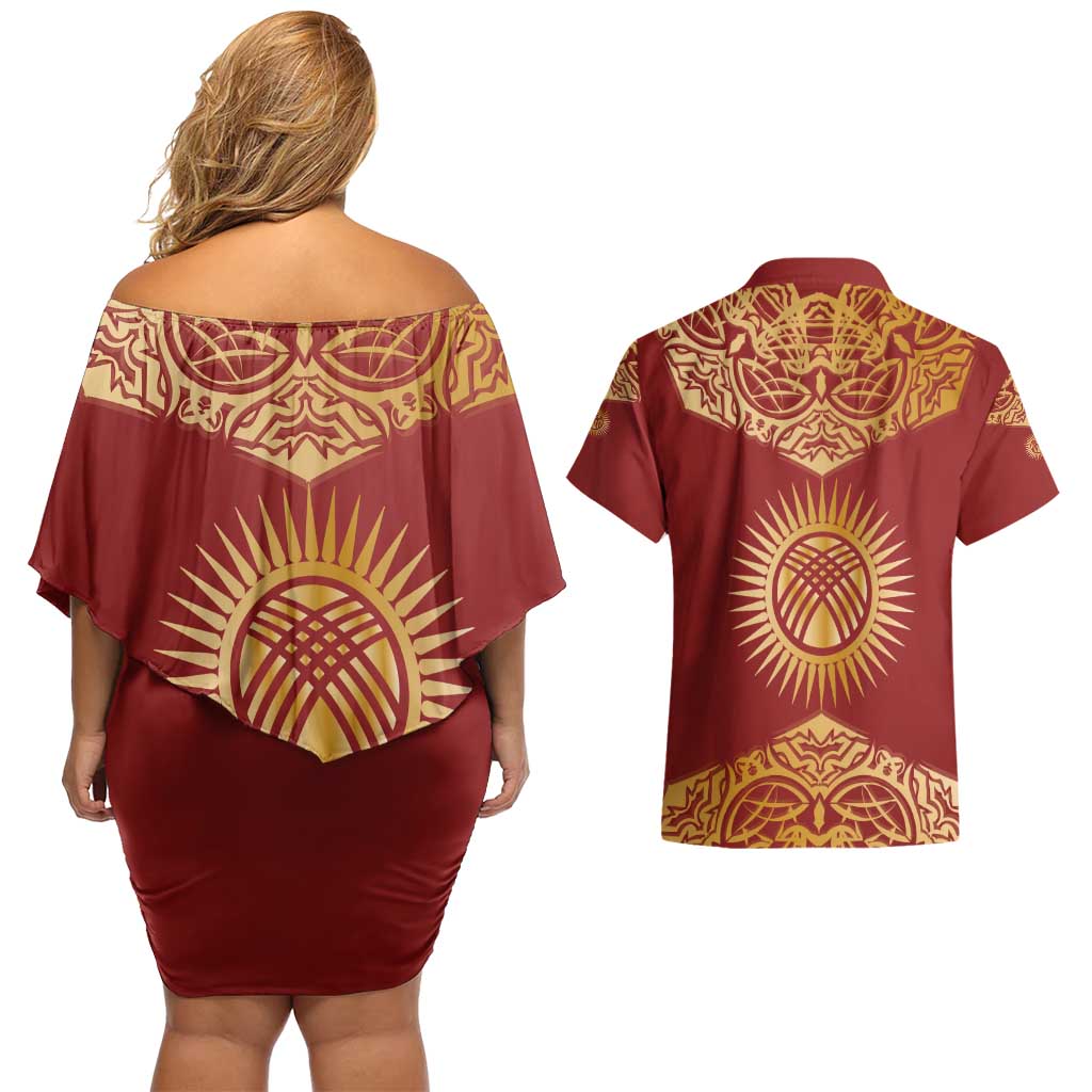 Kyrgyzstan National Symbol Couples Matching Off Shoulder Short Dress and Hawaiian Shirt Traditional Golden Pattern in Red and Gold