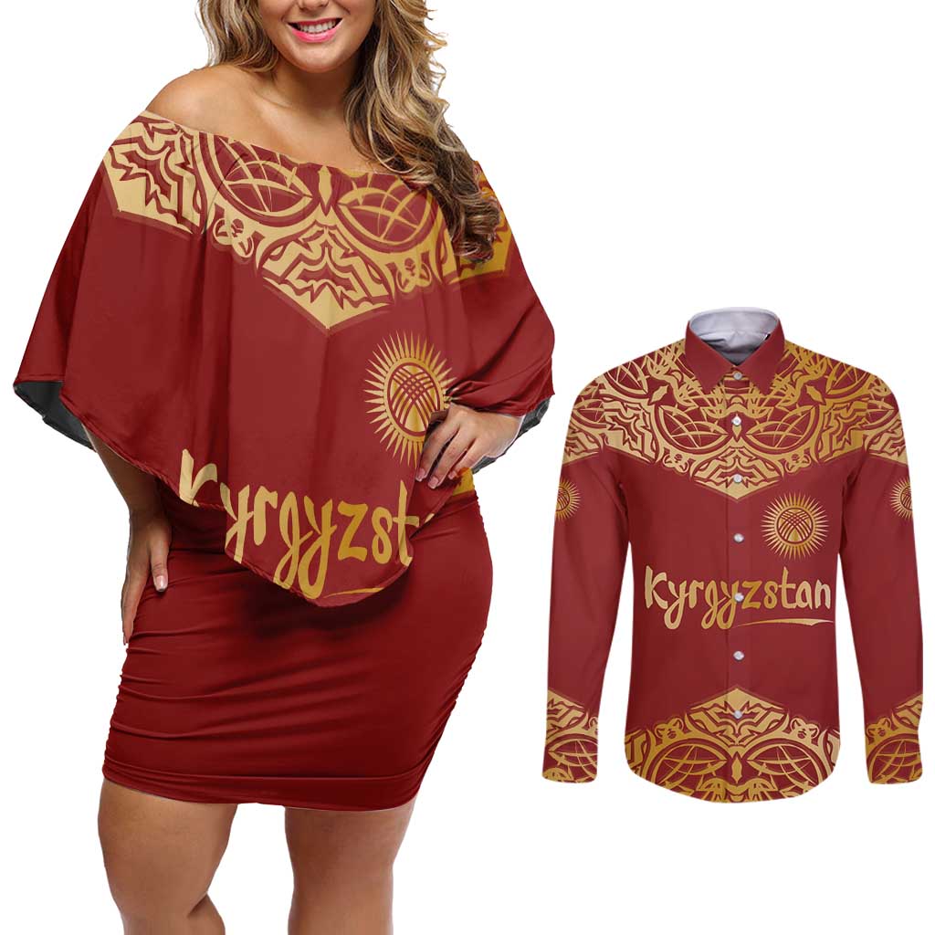 Kyrgyzstan National Symbol Couples Matching Off Shoulder Short Dress and Long Sleeve Button Shirt Traditional Golden Pattern in Red and Gold