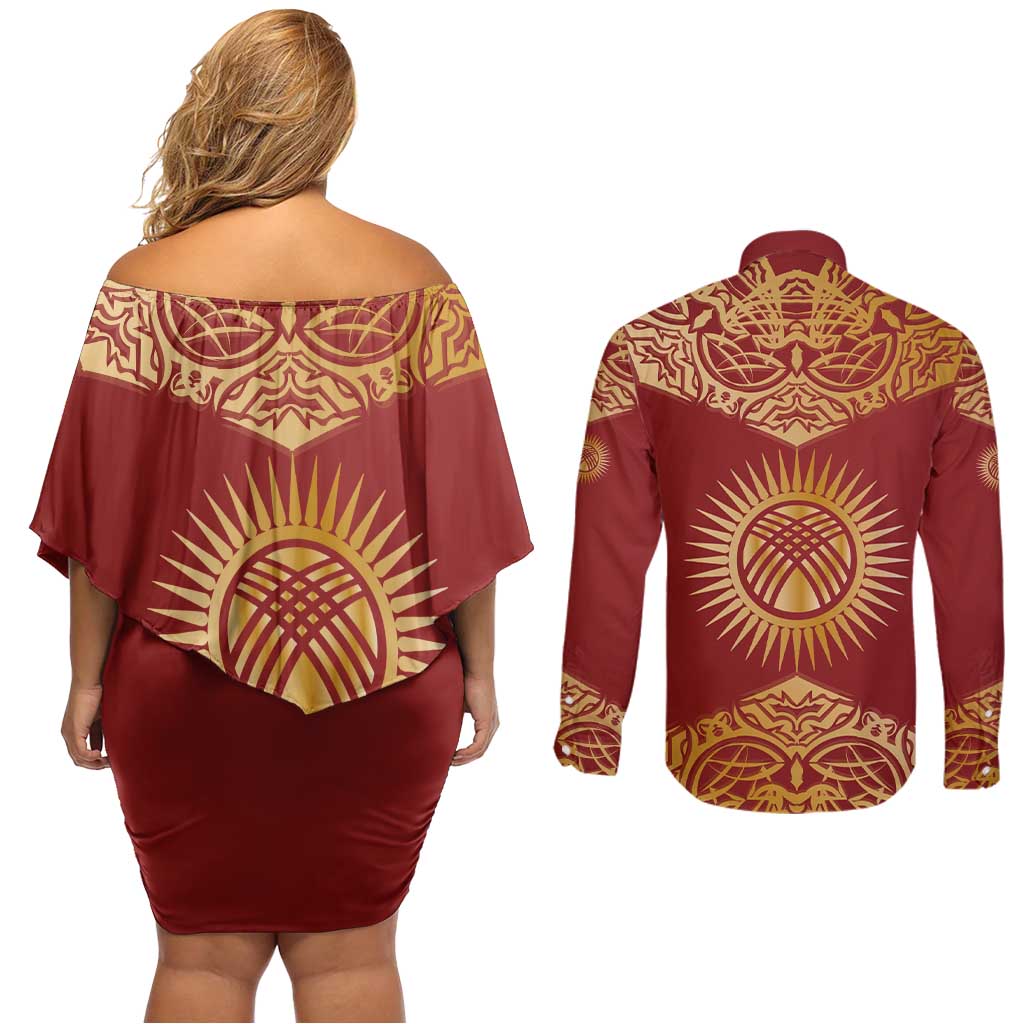 Kyrgyzstan National Symbol Couples Matching Off Shoulder Short Dress and Long Sleeve Button Shirt Traditional Golden Pattern in Red and Gold