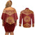 Kyrgyzstan National Symbol Couples Matching Off Shoulder Short Dress and Long Sleeve Button Shirt Traditional Golden Pattern in Red and Gold
