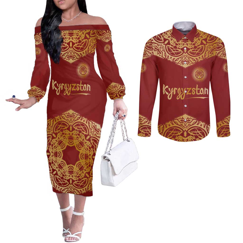 Kyrgyzstan National Symbol Couples Matching Off The Shoulder Long Sleeve Dress and Long Sleeve Button Shirt Traditional Golden Pattern in Red and Gold