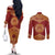 Kyrgyzstan National Symbol Couples Matching Off The Shoulder Long Sleeve Dress and Long Sleeve Button Shirt Traditional Golden Pattern in Red and Gold