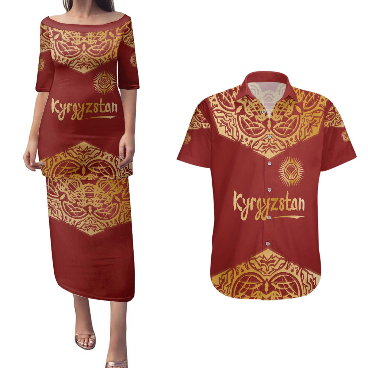 Kyrgyzstan National Symbol Couples Matching Puletasi and Hawaiian Shirt Traditional Golden Pattern in Red and Gold