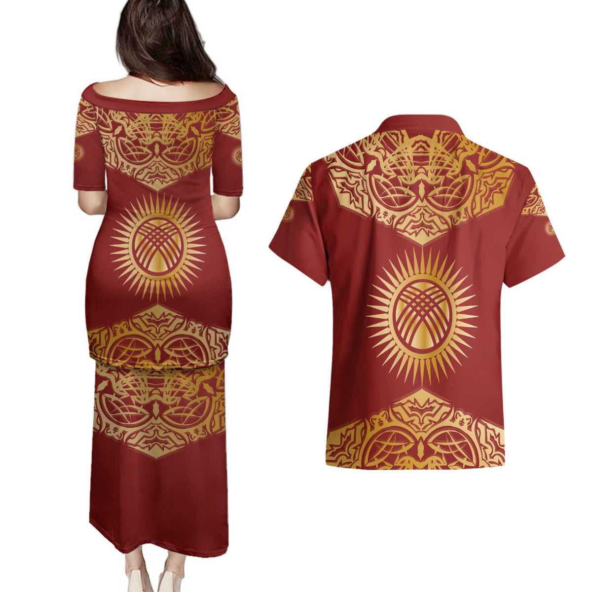 Kyrgyzstan National Symbol Couples Matching Puletasi and Hawaiian Shirt Traditional Golden Pattern in Red and Gold