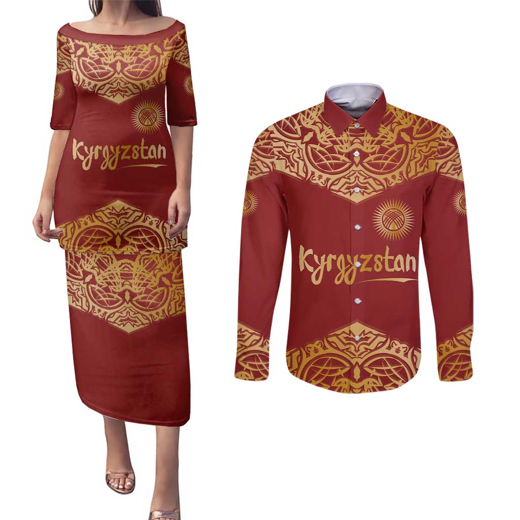 Kyrgyzstan National Symbol Couples Matching Puletasi and Long Sleeve Button Shirt Traditional Golden Pattern in Red and Gold