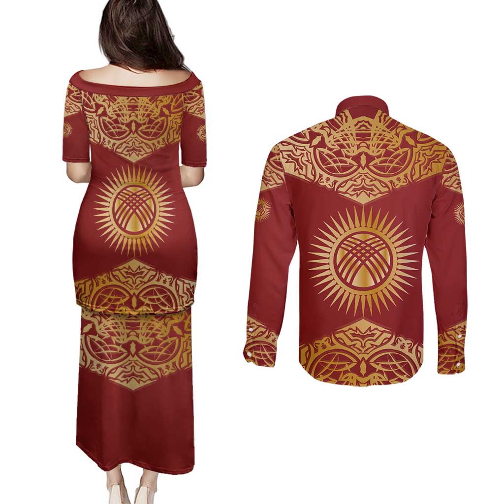 Kyrgyzstan National Symbol Couples Matching Puletasi and Long Sleeve Button Shirt Traditional Golden Pattern in Red and Gold