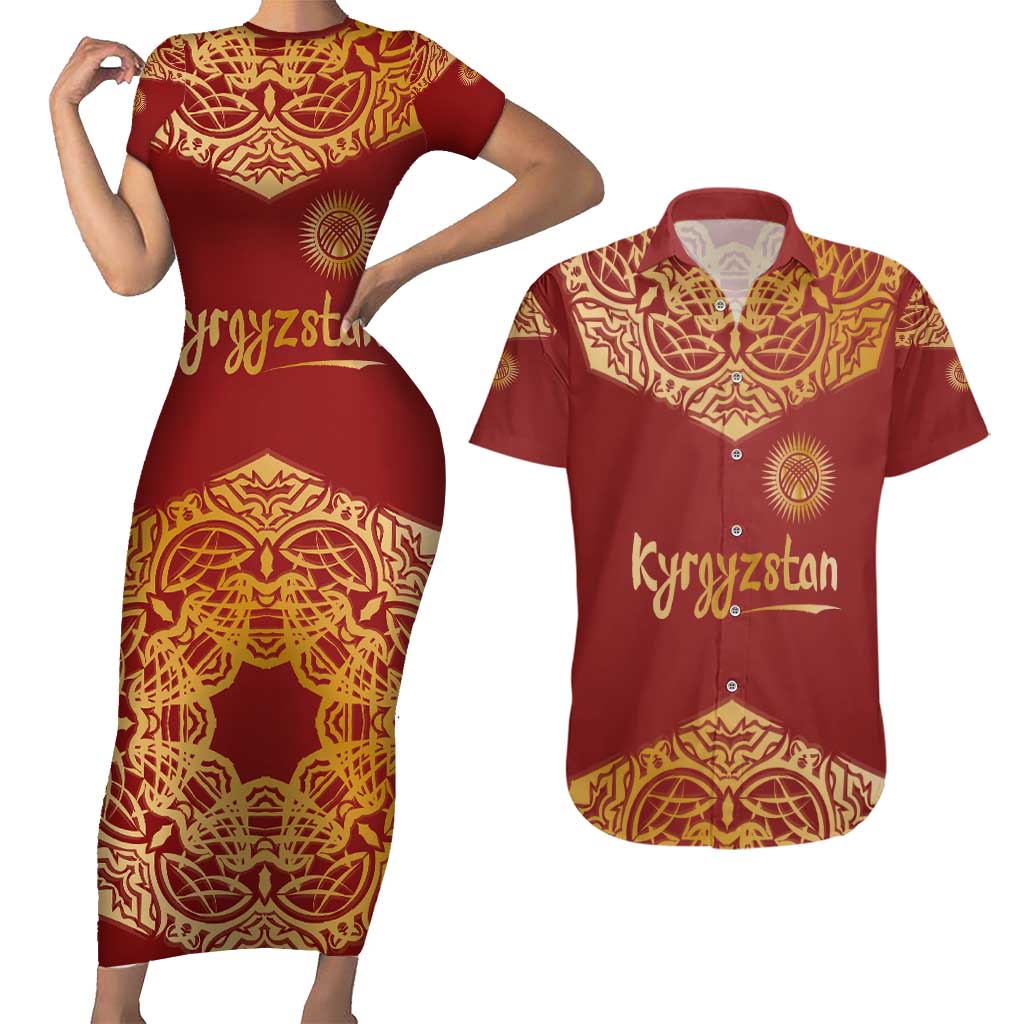 Kyrgyzstan National Symbol Couples Matching Short Sleeve Bodycon Dress and Hawaiian Shirt Traditional Golden Pattern in Red and Gold