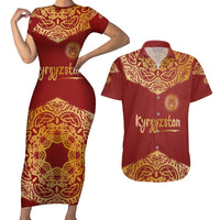Kyrgyzstan National Symbol Couples Matching Short Sleeve Bodycon Dress and Hawaiian Shirt Traditional Golden Pattern in Red and Gold