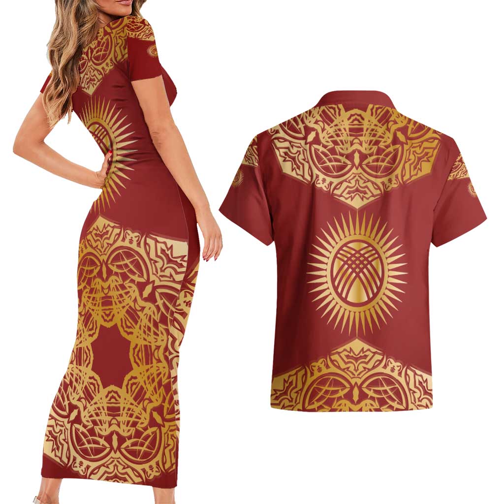 Kyrgyzstan National Symbol Couples Matching Short Sleeve Bodycon Dress and Hawaiian Shirt Traditional Golden Pattern in Red and Gold