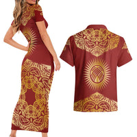 Kyrgyzstan National Symbol Couples Matching Short Sleeve Bodycon Dress and Hawaiian Shirt Traditional Golden Pattern in Red and Gold